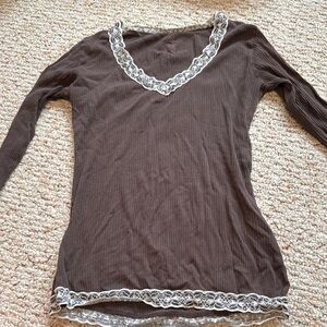 Elegant Brown Lace Trim Top